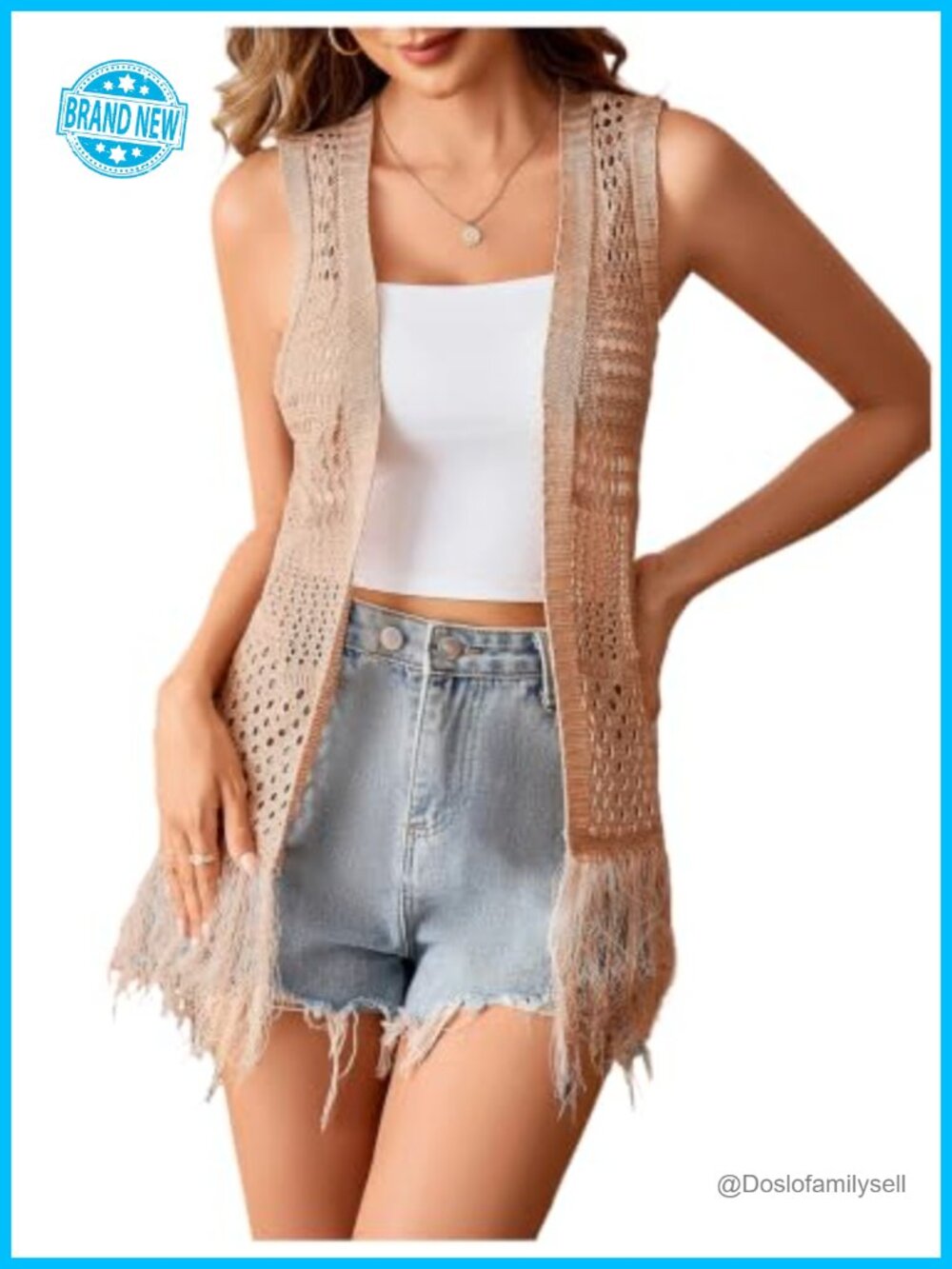Crochet Vest Sleeveless Boho Cardigan Fringe Hem Open Front